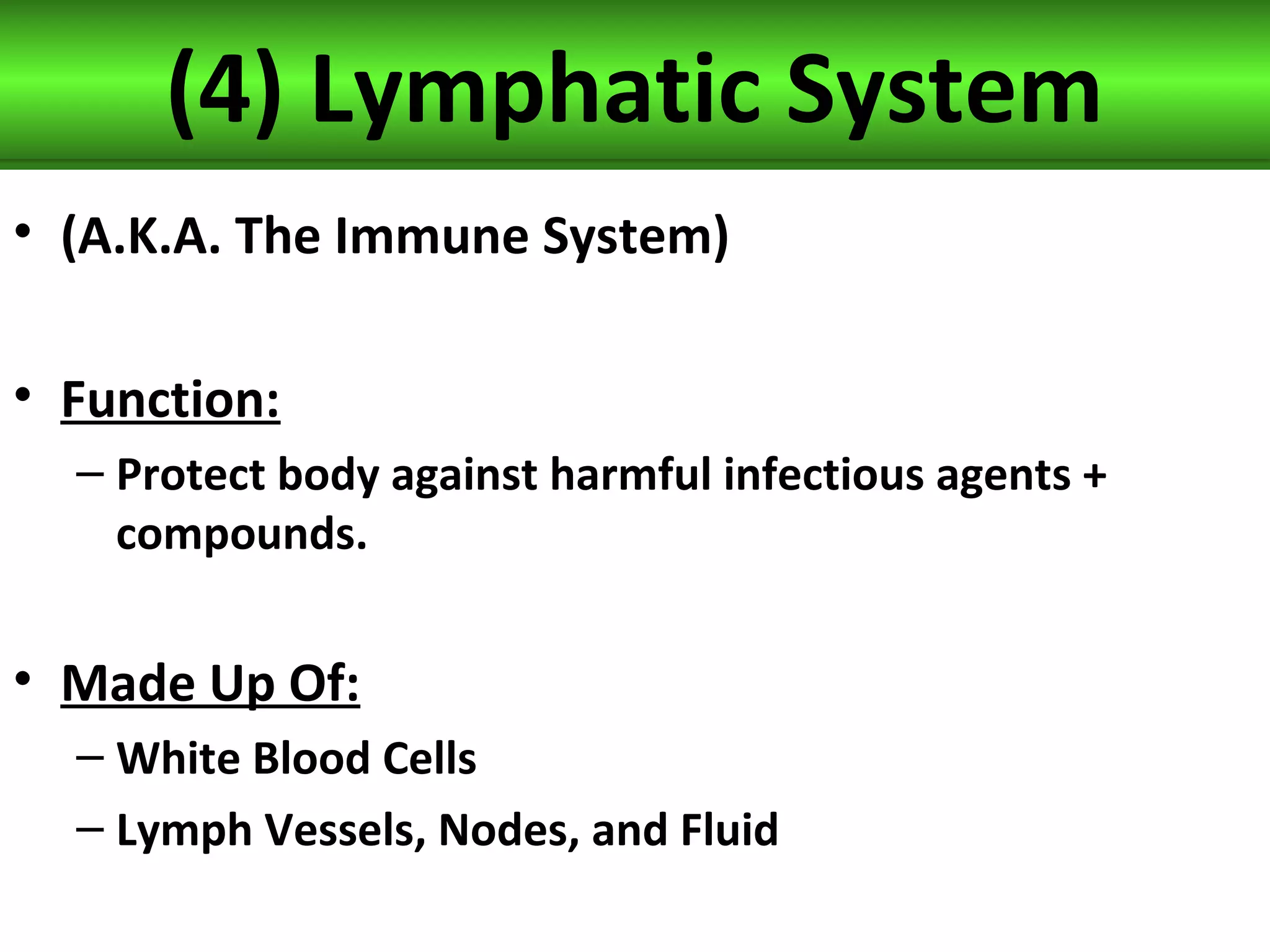 (4) Lymphatic System
• (A.K.A. The Immune System)
• Function:
– Protect body against harmful infectious agents +
compounds.
• Made Up Of:
– White Blood Cells
– Lymph Vessels, Nodes, and Fluid