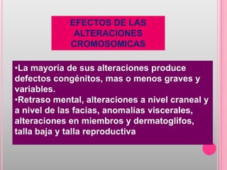EFECTOS DE LAS
              ALTERACIONES
             CROMOSOMICAS

•La mayoría de sus alteraciones produce
defectos congénitos, mas o menos graves y
variables.
•Retraso mental, alteraciones a nivel craneal y
a nivel de las facias, anomalías viscerales,
alteraciones en miembros y dermatoglifos,
talla baja y talla reproductiva
 