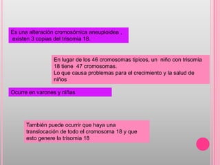 Es una alteración cromosómica aneuploidea ,
existen 3 copias del trisomia 18.


                En lugar de los 46 cromosomas tipicos, un niño con trisomia
                18 tiene 47 cromosomas.
                Lo que causa problemas para el crecimiento y la salud de
                niños

Ocurre en varones y niñas




      También puede ocurrir que haya una
      translocación de todo el cromosoma 18 y que
      esto genere la trisomia 18
 