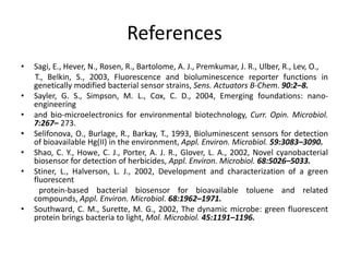 References 
• Sagi, E., Hever, N., Rosen, R., Bartolome, A. J., Premkumar, J. R., Ulber, R., Lev, O., 
T., Belkin, S., 2003, Fluorescence and bioluminescence reporter functions in 
genetically modified bacterial sensor strains, Sens. Actuators B-Chem. 90:2–8. 
• Sayler, G. S., Simpson, M. L., Cox, C. D., 2004, Emerging foundations: nano-engineering 
• and bio-microelectronics for environmental biotechnology, Curr. Opin. Microbiol. 
7:267– 273. 
• Selifonova, O., Burlage, R., Barkay, T., 1993, Bioluminescent sensors for detection 
of bioavailable Hg(II) in the environment, Appl. Environ. Microbiol. 59:3083–3090. 
• Shao, C. Y., Howe, C. J., Porter, A. J. R., Glover, L. A., 2002, Novel cyanobacterial 
biosensor for detection of herbicides, Appl. Environ. Microbiol. 68:5026–5033. 
• Stiner, L., Halverson, L. J., 2002, Development and characterization of a green 
fluorescent 
protein-based bacterial biosensor for bioavailable toluene and related 
compounds, Appl. Environ. Microbiol. 68:1962–1971. 
• Southward, C. M., Surette, M. G., 2002, The dynamic microbe: green fluorescent 
protein brings bacteria to light, Mol. Microbiol. 45:1191–1196. 
