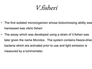 V.fisheri 
• The first isolated microorganism whose bioluminesing ability was 
harnessed was vibrio fisheri 
• The assay which was developed using a strain of V.fisheri was 
later given the name Microtox . The system contains freeze-dried 
bacteria which are activated prior to use and light emission is 
measured by a luminometer. 
 