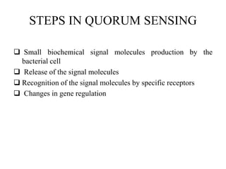 STEPS IN QUORUM SENSING
 Small biochemical signal molecules production by the
bacterial cell
 Release of the signal molecules
 Recognition of the signal molecules by specific receptors
 Changes in gene regulation
 