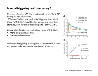 Xie,	
  et	
  al.	
  Nature	
  Immunology	
  13,	
  674–680	
  (2012)	
  
Is	
  serial	
  triggering	
  really	
  necessary?	
  	
  
	
  
Photocrosslinkable	
  pMHC	
  were	
  aeached	
  covalently	
  to	
  TCR	
  
during	
  a	
  T-­‐APC	
  interac&on.	
  
àThey	
  can’t	
  dissociate,	
  so	
  if	
  serial	
  triggering	
  is	
  required,	
  
these	
  “pMHC	
  (XL)”	
  should	
  be	
  less	
  s&mulatory	
  than	
  their	
  
standard,	
  non-­‐crosslinked	
  counterparts,	
  “pMHC	
  (Std)”.	
  
	
  
Result:	
  pMHC	
  (XL)	
  is	
  more	
  s8mulatory	
  than	
  pMHC	
  (Std).	
  
•  More	
  prolonged	
  Ca2+	
  ﬂux	
  
•  Greater	
  IL-­‐2	
  secre&on	
  
	
  
	
  
While	
  serial	
  triggering	
  may	
  happen	
  to	
  some	
  extent,	
  it	
  does	
  
not	
  appear	
  to	
  be	
  so	
  essen&al	
  as	
  originally	
  thought.	
  
 