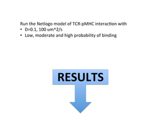Run	
  the	
  Netlogo	
  model	
  of	
  TCR-­‐pMHC	
  interac&on	
  with	
  
•  D=0.1,	
  100	
  um^2/s	
  
•  Low,	
  moderate	
  and	
  high	
  probability	
  of	
  binding	
  
RESULTS	
  
 