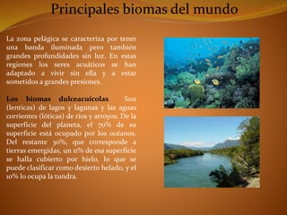 La zona pelágica se caracteriza por tener 
una banda iluminada pero también 
grandes profundidades sin luz. En estas 
regiones los seres acuáticos se han 
adaptado a vivir sin ella y a estar 
sometidos a grandes presiones. 
Los biomas dulceacuícolas Son 
(lenticas) de lagos y lagunas y las aguas 
corrientes (lóticas) de ríos y arroyos. De la 
superficie del planeta, el 70% de su 
superficie está ocupado por los océanos. 
Del restante 30%, que corresponde a 
tierras emergidas, un 11% de esa superficie 
se halla cubierto por hielo, lo que se 
puede clasificar como desierto helado, y el 
10% lo ocupa la tundra. 
 