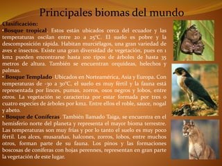 Principales biomas del mundo 
Clasificación: 
•Bosque tropical. Estos están ubicados cerca del ecuador y las 
temperaturas oscilan entre 20 a 25°C. El suelo es pobre y la 
descomposición rápida. Habitan murciélagos, una gran variedad de 
aves e insectos. Existe una gran diversidad de vegetación, pues en 1 
km2 pueden encontrarse hasta 100 tipos de árboles de hasta 35 
metros de altura. También se encuentran orquídeas, helechos y 
palmas. 
• Bosque Templado. Ubicados en Norteamérica, Asia y Europa. Con 
temperaturas de -30 a 30°C, el suelo es muy fértil y la fauna está 
representada por linces, pumas, zorros, osos negros y lobos, entre 
otros. La vegetación se caracteriza por estar formada por tres o 
cuatro especies de árboles por km2. Entre ellos el roble, sauce, nogal 
y abeto. 
• Bosque de Coníferas. También llamado Taiga, se encuentra en el 
hemisferio norte del planeta y representa el mayor bioma terrestre. 
Las temperaturas son muy frías y por lo tanto el suelo es muy poco 
fértil. Los alces, musarañas, halcones, zorros, lobos, entre muchos 
otros, forman parte de su fauna. Los pinos y las formaciones 
boscosas de coníferas con hojas perennes, representan en gran parte 
la vegetación de este lugar. 
 