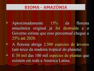  Aproximadamente       15%      da     floresta
  amazônica original já foi destruída e o
  Governo estima que esse percentual chegue a
  25% até 2020.
 A floresta abriga 2.500 espécies de árvores
  (um terço da madeira tropical do planeta)
 E 30 mil das 100 mil espécies de plantas que
  existem em toda a América Latina.
 