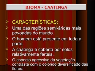    CARACTERÍSTICAS:
   Uma das regiões semi-áridas mais
    povoadas do mundo.
   O homem está presente em toda a
    parte.
   A caatinga é coberta por solos
    relativamente férteis.
   O aspecto agressivo da vegetação
    contrasta com o colorido diversificado das
    flores.
 