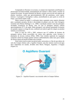Comparados às florestas e às savanas, os campos tem importante contribuição na
preservação da biodiversidade, principalmente por atenuar o efeito estufa e auxiliar no
controle da erosão. Na parte brasileira do Bioma, existem cerca de três mil espécies de
plantas vasculares, sendo que aproximadamente 400 são gramíneas, como capim-
mimoso. A paisagem é homogênea e plana, assemelhando-se, para quem os avista de
longe, a um imenso tapete verde.
        Muito comum na região é a utilização desta vegetação como suporte alimentar
para a produção pecuária, devido à diversidade de plantas com alto valor forrageiro
existente neste Bioma (Nabinger et al., 2000). A produção animal é uma das principais
atividades econômicas do Bioma, uma vez que as pastagens naturais cobrem
aproximadamente 95 % da região. Belas paisagens, com animais pastejando livremente
em grandes espaços ao longo do ano, conferem um notável apelo de origem ao produto
natural e ao ecoturismo.
        Entre os anos de 1970 e 2005, estima-se que 4,7 milhões de hectares de
pastagens nativas foram convertidos em outros usos agrícolas, como lavouras e
plantações de árvores exóticas (Pillar, 2006). Esta violenta supressão da vegetação
campestre natural do Pampa gaúcho tornasse ambientalmente ainda mais grave diante
da imensa riqueza da biodiversidade nela existente.
        Entre outros motivos para sua preservação, acrescenta-se o fato de que abaixo do
solo dos Campos Sulinos está o Aquífero Guarani, uma das maiores reservas de água
doce subterrânea do mundo, dividida entre Brasil, Paraguai, Argentina e Uruguai
(Figura 23).




        Figura 23 – Aquifero Guarani e sua extensão sobre os Campos Sulinos




                                                                                     21
 