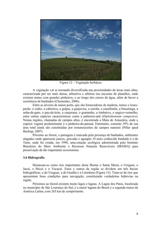 Figura 12 – Vegetação herbácea

       A vegetação vai se tornando diversificada nas proximidades de áreas mais altas,
caracterizada por ser mais densa, arbustiva e arbórea nas encostas de planaltos, onde
existem matas com grandes pinheiros, e ao longo dos cursos de água, além de haver a
ocorrência de banhados (Chomenko, 2006).
       Entre as árvores de maior porte, que são fornecedoras de madeira, temos o louro-
pardo, o cedro, a cabreúva, a grápia, a guajuvira, a caroba, a canafístula, a bracatinga, a
unha-de-gato, o pau-de-leite, a canjerana, o guatambu, a timbaúva, o angico-vermelho,
entre outras espécies características como a palmeira-anã (Diplothemium campestre).
Nestas regiões, chamadas de campos altos, é encontrada a Mata de Araucária, onde a
espécie vegetal predominante é o pinheiro-do-paraná. Entretanto, somente 39% de sua
área total ainda são constituídas por remanescentes de campos naturais (Pillar apud
Buckup, 2007).
       Próximo ao litoral, a paisagem é marcada pela presença de banhados, ambientes
alagados onde aparecem juncos, gravatás e aguapés. O mais conhecido banhado é o de
Taim, onde foi criada, em 1998, uma estação ecológica administrada pelo Instituto
Brasileiro do Meio Ambiente e Recursos Naturais Renováveis (IBAMA) para
preservação de tão importante ecossistema.

3.6 Hidrografia

        Destacam-se como rios importantes deste Bioma o Santa Maria, o Uruguai, o
Jacuí, o Ibicuí e o Vacacaí. Estes e outros da região se dividem em três bacias
hidrográficas: a do Uruguai, a do Guaíba e a Litorânea (Figura 13). Trata-se de rios que
apresentam boas condições para navegação, constituindo verdadeiras hidrovias na
região.
        Próximos ao litoral existem muito lagos e lagoas. A Lagoa dos Patos, localizada
no município de São Lourenço do Sul, é a maior laguna do Brasil e a segunda maior da
América Latina, com 265 km de comprimento.




                                                                                         8
 