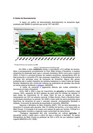 8. Dados de Desmatamento

        A seguir um gráfico do descontrolado desmatamento na Amazônia legal,
analisado pelo IBAMA no período que vai de 1977 até 2007.




                          Figura 5 - Desmatamento da Amazônia Legal
         Em 2004, o setor madeireiro extraiu o equivalente a 6,2 milhões de árvores.
Após o processamento principalmente no Pará, Mato Grosso e Rondônia, a madeira
amazônica foi destinada tanto para o mercado doméstico (64%) como para o externo
(36%). O Pará é o principal produtor de madeira amazônica, representando 45% do
total produzido e concentra 51% das empresas madeireiras. A industrialização ocorre
ao longo dos principais eixos de transporte da Amazônia. Alguns dos graves
problemas são o caráter migratório da indústria madeireira e o baixo índice de manejo
florestal. Madeireiros têm construído milhares de quilômetros de estradas não-oficiais
em terras públicas facilitando a grilagem. (IMAZON)
           A média de cobrança e pagamento efetivos das multas ambientais é
baixíssima em toda a Amazônia.
          Entre 1990 e 2003 a taxa de crescimento da pecuária na Amazônia Legal
cresceu 140%, passando de 26,6 cabeças de gado para 64 milhões de cabeças. A
taxa média de crescimento foi 10 vezes maior do que no restante do país,
respondendo por 33% do rebanho nacional. O Mato Grosso, Pará e Rondônia foram
os principais produtores no período. Em 2000 a maior parte da carne produzida pelos
frigoríficos da Amazônia foi para o mercado nacional, principalmente Nordeste e
Sudeste. O aumento da demanda de exportação é crescente. (IMAZON)
          Segundo o Ministério do Meio Ambiente (2007), 75% da área desmatada na
Amazônia é ocupada pela pecuária. São 70 milhões de bovinos, e um terço está no
Mato Grosso. A ocupação é de quase uma cabeça de gado por hectare. O Brasil é o
maior exportador mundial e o segundo maior consumidor de carne bovina.
           Pastagens degradadas têm sido convertidas em cultivos agrícolas. O
pecuarista vende o pasto para o cultivo da soja e continua a desmatar. As bacias
hidrográficas de Mato Grosso já perderam de 32% a 43% de sua cobertura vegetal
original (IMAZON e ICV, 2006).



                                                                                   13
 