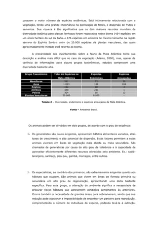 possuem o maior número de espécies endêmicas. Está intimamente relacionada com a
vegetação, tendo uma grande importância na polinização de flores, e dispersão de frutos e
sementes. Sua riqueza é tão significativa que os dois maiores recordes mundiais de
diversidade botânica para plantas lenhosas foram registrados nesse bioma (454 espécies em
um único hectare do sul da Bahia e 476 espécies em amostra de mesmo tamanho na região
serrana do Espírito Santo), além de 20.000 espécies de plantas vasculares, das quais
aproximadamente metade está restrita ao bioma.

        A precariedade dos levantamentos sobre a fauna da Mata Atlântica torna sua
descrição e análise mais difícil que no caso da vegetação (Adams, 2000), mas, apesar da
carência de informações para alguns grupos taxonômicos, estudos comprovam uma
diversidade bastante alta.

 Grupo Taxonômico            Total de Espécies na             Espécies            Espécies
                               Mata Atlântica                Endêmicas          Ameaçadas
     Mamíferos                       261                          73                 35
        Aves                        1.023                        188                104
      Répteis                        192                          60                  3
      Anfíbios                       340                         253                  1
       Peixes                        304                          90                 12
 Plantas Vasculares                20.000                       8.000                 -


               Tabela 2 – Diversidade, endemismo e espécies ameaçadas da Mata Atlântica.


                                            Fonte – Ambiente Brasil.




    Os animais podem ser divididos em dois grupos, de acordo com o grau de exigência:


   1- Os generalistas são pouco exigentes, apresentam hábitos alimentares variados, altas
        taxas de crescimento e alto potencial de dispersão. Estes fatores permitem a estes
        animais viverem em áreas de vegetação mais aberta ou mata secundária. São
        chamados de generalistas por causa do alto grau de tolerância e à capacidade de
        aproveitar eficientemente diferentes recursos oferecidos pelo ambiente. Ex.: sabiá-
        laranjeira, sanhaço, pica-pau, gambá, morcegos, entre outros.




   2-   Os especialistas, ao contrário dos primeiros, são extremamente exigentes quanto aos
        hábitats que ocupam. São animais que vivem em áreas de floresta primária ou
        secundária em alto grau de regeneração, apresentando uma dieta bastante
        específica. Para este grupo, a alteração do ambiente significa a necessidade de
        procurar novos hábitats que apresentem condições semelhantes às anteriores.
        Ocorre também a necessidade de grandes áreas para sobreviverem, sendo que sua
        redução pode ocasionar a impossibilidade de encontrar um parceiro para reprodução,
        comprometendo o número de indivíduos da espécie, podendo levá-la à extinção.
 