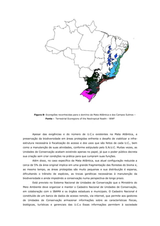 Figura 8- Ecoregiões reconhecidas para o domínio da Mata Atlântica e dos Campos Sulinos –
                 Fonte - Terrestrial Ecoregions of the Neotropical Realm - WWF




       Apesar das exigências e do número de U.C.s existentes na Mata Atlântica, a
preservação da biodiversidade em áreas protegidas enfrenta o desafio de viabilizar a infra-
estrutura necessária à fiscalização do acesso e dos usos que são feitos de cada U.C., bem
como a manutenção de suas atividades, conforme estipulado pelo S.N.U.C. Muitas vezes, as
Unidades de Conservação acabam existindo apenas no papel, já que o poder público decreta
sua criação sem criar condições na prática para que cumpram suas funções.
       Além disso, no caso específico da Mata Atlântica, sua atual configuração reduzida a
cerca de 5% da área original implica em uma grande fragmentação das florestas do bioma e,
ao mesmo tempo, as áreas protegidas são muito pequenas e sua distribuição é esparsa,
dificultando o trânsito de espécies, as trocas genéticas necessárias à manutenção da
biodiversidade e ainda impedindo a conservação numa perspectiva de longo prazo.
       Está previsto no Sistema Nacional de Unidades de Conservação que o Ministério do
Meio Ambiente deve organizar e manter o Cadastro Nacional de Unidades de Conservação,
em colaboração com o IBAMA e os órgãos estaduais e municipais. O Cadastro Nacional é
constituído de um banco de dados de acesso remoto, via internet, que permite aos gestores
de Unidades de Conservação armazenar informações sobre as características físicas,
biológicas, turísticas e gerenciais das U.C.s Essas informações permitem à sociedade
 