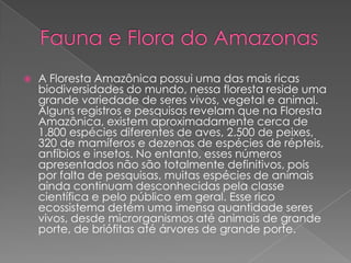    A Floresta Amazônica possui uma das mais ricas
    biodiversidades do mundo, nessa floresta reside uma
    grande variedade de seres vivos, vegetal e animal.
    Alguns registros e pesquisas revelam que na Floresta
    Amazônica, existem aproximadamente cerca de
    1.800 espécies diferentes de aves, 2.500 de peixes,
    320 de mamíferos e dezenas de espécies de répteis,
    anfíbios e insetos. No entanto, esses números
    apresentados não são totalmente definitivos, pois
    por falta de pesquisas, muitas espécies de animais
    ainda continuam desconhecidas pela classe
    científica e pelo público em geral. Esse rico
    ecossistema detém uma imensa quantidade seres
    vivos, desde microrganismos até animais de grande
    porte, de briófitas até árvores de grande porte.
 