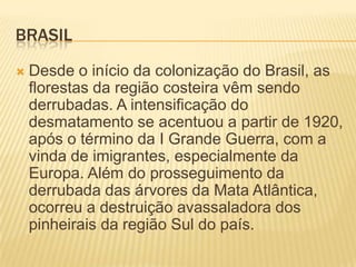 brasilDesde o início da colonização do Brasil, as florestas da região costeira vêm sendo derrubadas. A intensificação do desmatamento se acentuou a partir de 1920, após o término da I Grande Guerra, com a vinda de imigrantes, especialmente da Europa. Além do prosseguimento da derrubada das árvores da Mata Atlântica, ocorreu a destruição avassaladora dos pinheirais da região Sul do país.