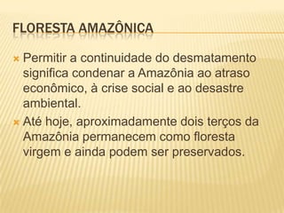 Floresta amazônicaPermitir a continuidade do desmatamento significa condenar a Amazônia ao atraso econômico, à crise social e ao desastre ambiental.Até hoje, aproximadamente dois terços da Amazônia permanecem como floresta virgem e ainda podem ser preservados.