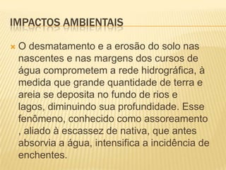 Impactos ambientaisO desmatamento e a erosão do solo nas nascentes e nas margens dos cursos de água comprometem a rede hidrográfica, à medida que grande quantidade de terra e areia se deposita no fundo de rios e lagos, diminuindo sua profundidade. Esse fenômeno, conhecido como assoreamento , aliado à escassez de nativa, que antes absorvia a água, intensifica a incidência de enchentes.