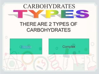 CARBOHYDRATES
THERE ARE 2 TYPES OF
CARBOHYDRATES
Simple Complex
 