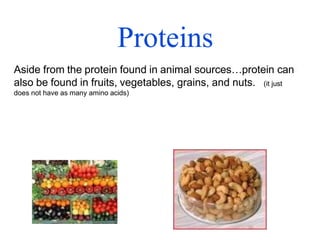 Proteins
Aside from the protein found in animal sources…protein can
(it just
also be found in fruits, vegetables, grains, and nuts.
does not have as many amino acids)
 