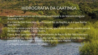 HIDROGRAFIA DA CAATINGA
E, as Chuvas ocorrem em Pequena Quantidade e de Maneira Irregular
durante o Ano.
E, o Vale do São Francisco, é o Principal Rio da Região, e, é o que Banha
suas Terras.
Esta, é mantida pela Estação das Chuvas, que dura 6 Meses, porém ocorre
de Maneira Irregular, neste Bioma.
É uma Área que depende completamente da Bacia do Rio São Francisco.
E, o Projeto da Transposição do Rio São Francisco, busca Criar Desvios
para que a Água chegue a outras Área desta Seca Região.
É a Região que mais possui Açudes.
 