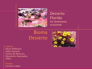 Desierto
                                  Florido
                                  Un fenómeno
                                  ocasional


                         Bioma
                       Desierto
Autores:
Alicia Hoffmann.
Pablo Sánchez.
Centro de Recursos
Educativos Avanzados
CREA.

Diseño:
Carolina López.
 