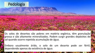 Os solos de desertos são pobres em matéria orgânica, têm granulação
grossa e são altamente mineralizados. Podem surgir grandes depósitos de
sal quando ocorre repetida acumulação de água.
Embora usualmente árido, o solo de um deserto pode ser fértil,
dependendo apenas da existência de água.
Pedologia
 