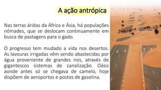 A ação antrópica
Nas terras áridas da África e Ásia, há populações
nômades, que se deslocam continuamente em
busca de pastagens para o gado.
O progresso tem mudado a vida nos desertos.
As lavouras irrigadas vêm sendo abastecidas por
água proveniente de grandes rios, através de
gigantescos sistemas de canalização. Oásis
aonde antes só se chegava de camelo, hoje
dispõem de aeroportos e postos de gasolina.
 