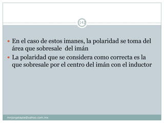  En el caso de estos imanes, la polaridad se toma del
área que sobresale del imán
 La polaridad que se considera como correcta es la
que sobresale por el centro del imán con el inductor
142
mnjorgetapia@yahoo.com.mx
 
