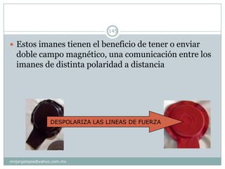  Estos imanes tienen el beneficio de tener o enviar
doble campo magnético, una comunicación entre los
imanes de distinta polaridad a distancia
DESPOLARIZA LAS LINEAS DE FUERZA
145
mnjorgetapia@yahoo.com.mx
 