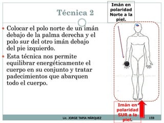 Lic. JORGE TAPIA MÁRQUEZ 159
Técnica 2
 Colocar el polo norte de un imán
debajo de la palma derecha y el
polo sur del otro imán debajo
del pie izquierdo.
 Esta técnica nos permite
equilibrar energéticamente el
cuerpo en su conjunto y tratar
padecimientos que abarquen
todo el cuerpo.
Imán en
polaridad
Norte a la
piel.
Imán en
polaridad
SUR a la
piel.
 