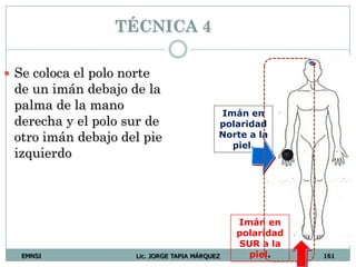 EMNSI Lic. JORGE TAPIA MÁRQUEZ 161
TÉCNICA 4
 Se coloca el polo norte
de un imán debajo de la
palma de la mano
derecha y el polo sur de
otro imán debajo del pie
izquierdo
Imán en
polaridad
Norte a la
piel.
Imán en
polaridad
SUR a la
piel.
 