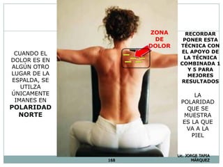 168
Lic. JORGE TAPIA
MÁRQUEZ
LA
POLARIDAD
QUE SE
MUESTRA
ES LA QUE
VA A LA
PIEL
CUANDO EL
DOLOR ES EN
ALGÚN OTRO
LUGAR DE LA
ESPALDA, SE
UTILZA
ÚNICAMENTE
IMANES EN
POLARIDAD
NORTE
ZONA
DE
DOLOR
RECORDAR
PONER ESTA
TÉCNICA CON
EL APOYO DE
LA TÉCNICA
COMBINADA 1
Y 5 PARA
MEJORES
RESULTADOS
 