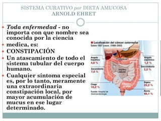 SISTEMA CURATIVO por DIETA AMUCOSA
ARNOLD EHRET
 Toda enfermedad - no
importa con que nombre sea
conocida por la ciencia
 medica, es:
 CONSTIPACIÓN
 Un atascamiento de todo el
sistema tubular del cuerpo
humano.
 Cualquier síntoma especial
es, por lo tanto, meramente
una extraordinaria
constipación local, por
mayor acumulación de
mucus en ese lugar
determinado.
 