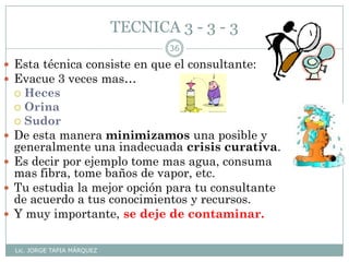 TECNICA 3 - 3 - 3
Lic. JORGE TAPIA MÁRQUEZ
36
 Esta técnica consiste en que el consultante:
 Evacue 3 veces mas…
 Heces
 Orina
 Sudor
 De esta manera minimizamos una posible y
generalmente una inadecuada crisis curativa.
 Es decir por ejemplo tome mas agua, consuma
mas fibra, tome baños de vapor, etc.
 Tu estudia la mejor opción para tu consultante
de acuerdo a tus conocimientos y recursos.
 Y muy importante, se deje de contaminar.
 