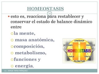 HOMEOSTASIS
Lic. JORGE TAPIA MÁRQUEZ
39
 esto es, reacciona para restablecer y
conservar el estado de balance dinámico
entre
la mente,
 masa anatómica,
composición,
 metabolismo,
funciones y
 energía,
 