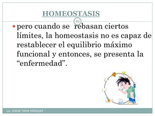 HOMEOSTASIS
Lic. JORGE TAPIA MÁRQUEZ
40
pero cuando se rebasan ciertos
límites, la homeostasis no es capaz de
restablecer el equilibrio máximo
funcional y entonces, se presenta la
“enfermedad”.
 