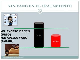 YIN YANG EN EL TRATAMIENTO
mnjorgetapia@yahoo.com.mx
72
YIN
YANG
•EL EXCESO DE YIN
(FRÍO)
•SE APLICA YANG
(CALOR)
 