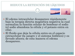 O.N. Jorge Tapia Márquez 99
REDUCE LA RETENCIÓN DE LÍQUIDOS
 El edema intracelular desaparece rápidamente
bajo la terapia directa magnética negativa la cual
normaliza la función celular de bombear el sodio
(el sodio abandona la célula y el potasio entra en
ella).
 El fluido que deja la célula entra en el espacio
extracelular (la sangre y el sistema linfático) y es
llevado afuera; de esta manera el edema
desaparece.
 