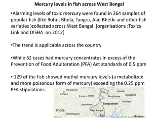 •Alarming levels of toxic mercury were found in 264 samples of
popular fish (like Rohu, Bhola, Tangra, Aar, Bhetki and other fish
varieties )collected across West Bengal .[organisations :Toxics
Link and DISHA on 2012]
•The trend is applicable across the country
•While 52 cases had mercury concentrates in excess of the
Prevention of Food Adulteration (PFA) Act standards of 0.5 ppm
• 129 of the fish showed methyl mercury levels (a metabolized
and more poisonous form of mercury) exceeding the 0.25 ppm
PFA stipulations.
Mercury levels in fish across West Bengal
 