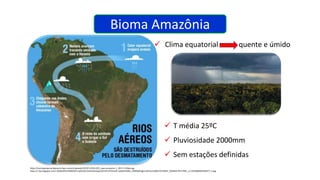 https://revistapesquisa.fapesp.br/wp-content/uploads/2019/11/018-029_capa-amazonia-1_285-5-1140px.jpg
https://1.bp.blogspot.com/-QE0qVWXm9W8/WirrcpWsD2I/AAAAAAAApzI/bC5XFLXTDmIaPj-3ykbVbVM6n_NWRQMQgCLcBGAs/s1600/10733823_505646279577983_1113259804495938577_o.jpg
Bioma Amazônia
 T média 25ºC
 Pluviosidade 2000mm
 Sem estações definidas
 Clima equatorial quente e úmido
 