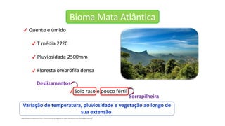 Bioma Mata Atlântica
✔ Quente e úmido
✔ T média 22ºC
✔ Pluviosidade 2500mm
✔ Floresta ombrófila densa
https://conhecimentocientifico.r7.com/conheca-as-riquezas-da-mata-atlantica-e-sua-diversidade-cultural/
Variação de temperatura, pluviosidade e vegetação ao longo de
sua extensão.
✔ Solo raso e pouco fértil
Deslizamentos
Serrapilheira
 