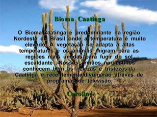 Bioma  Caatinga O  Bioma Caatinga  é  predominante  na  região  Nordeste  do  Brasil  onde  a  temperatura  é  muito  elevado . A  vegetação  se  adapta  a  altas  temperaturas  e  os  animais  migram  para  as  regiões  mais  úmidas  para  fugir  do  sol  escaldante  . Nossos  irmãos  nordestinos conhecem  bem  as  belezas  e  tristezas da  Caatinga  e  recentemente divulgarão  através  de  programas  de  televisão. Caroline 