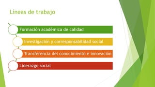 Líneas de trabajo
Formación académica de calidad
Investigación y corresponsabilidad social
Transferencia del conocimiento e innovación
Liderazgo social
 