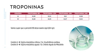 TROPONINAS
2 5
BIOMARCADORES
CARDÍACOS
Vamos supor que o percentil 99 desse exame seja 0,04 ng/L
Cenário A → Injúria miocárdica crônica / Ex: Insuficiência cardíaca
Cenário B → Injúria miocárdica aguda / Ex: Infarto Agudo do Miocárdio
 