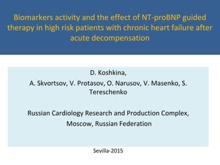 Biomarkers activity and the effect of NT-proBNP guided 
therapy in high risk patients with chronic heart failure after 
acute decompensation
D. Koshkina, 
A. Skvortsov, V. Protasov, O. Narusov, V. Masenko, S. 
Tereschenko 
Russian Cardiology Research and Production Complex,
 Moscow, Russian Federation
Sevilla-2015
 