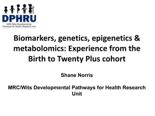 Biomarkers, genetics, epigenetics & 
metabolomics: Experience from the 
Birth to Twenty Plus cohort 
Shane Norris 
MRC/Wits Developmental Pathways for Health Research 
Unit 
 