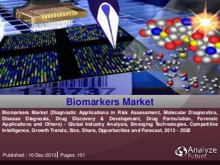 Biomarkers Market (Diagnostic Applications in Risk Assessment, Molecular Diagnostics,
Disease Diagnosis, Drug Discovery & Development, Drug Formulation, Forensic
Applications and Others) - Global Industry Analysis, Emerging Technologies, Competitive
Intelligence, Growth Trends, Size, Share, Opportunities and Forecast, 2013 - 2020
Biomarkers Market
Published : 10-Dec-2013 Pages: 151
 