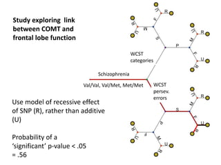 Use model of recessive effect
of SNP (R), rather than additive
(U)
Probability of a
‘significant’ p-value < .05
= .56
Study exploring link
between COMT and
frontal lobe function
Schizophrenia
Val/Val, Val/Met, Met/Met
WCST
categories
WCST
persev.
errors
 