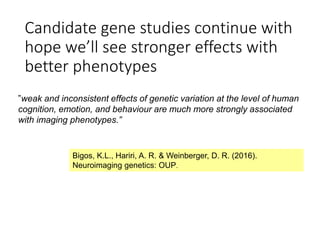 Candidate gene studies continue with
hope we’ll see stronger effects with
better phenotypes
”weak and inconsistent effects of genetic variation at the level of human
cognition, emotion, and behaviour are much more strongly associated
with imaging phenotypes.”
Bigos, K.L., Hariri, A. R. & Weinberger, D. R. (2016).
Neuroimaging genetics: OUP.
 
