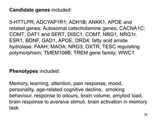 34
Candidate genes included:
5-HTTLPR; ADCYAP1R1; ADH1B; ANKK1; APOE and
related genes; Autosomal catecholamine genes; CACNA1C;
COMT; DAT1 and SERT; DISC1, COMT, NRG1, NRG1r,
ESR1, BDNF, GAD1, APOE; DRD4; fatty acid amide
hydrolase: FAAH; MAOA; NRG3; OXTR; TESC regulating
polymorphism; TMEM106B; TREM gene family; WWC1
Phenotypes included:
Memory, learning, attention, pain response, mood,
personality, age-related cognitive decline, smoking
behaviour, response to odours, brain volume, amyloid load,
brain response to aversive stimuli, brain activation in memory
task
 